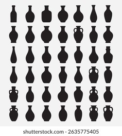 Set of Black Vase Silhouettes Vector Collection Artistic Ceramic Pots And Vases Graphic Elements Decorative Shapes for Interior Design and Pottery Projects