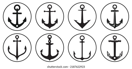 Set of black vector Anchor icons. Ship Anchors vector icon collection. Flat style Anchors logo in different shapes isolated on white background. svg