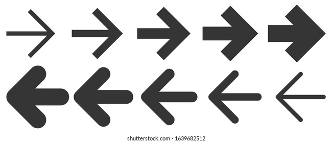 Set of black vector arrows. Arrow icon. Isolated arrows of different thicknesses. To left and right.