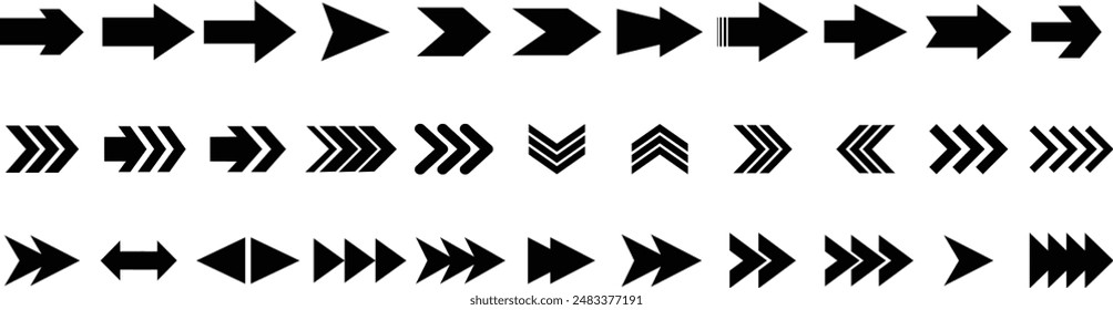 Set of black vector arrows. Arrow vector icons. Arrows vector illustration collection. Black arrow icons. Different cursor arrow direction symbols in flat style.