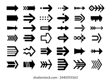 Set of black vector arrows of different shapes and styles. Modern simple design elements. Vector illustration.