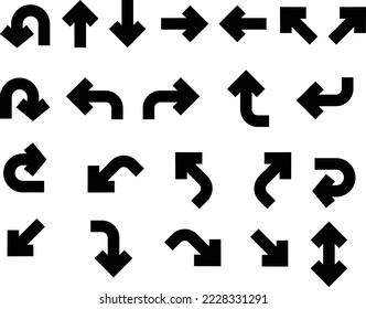 Set of black vector arrows. Arrows icon. Arrow vector icon. Arrows vector collection. Flat-style Arrows in different directions are isolated on white background. Bended arrow, turning, zig-zag, cross