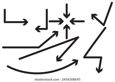 Set of black vector arrows. Arrows icon. Arrow vector icon. Arrows vector collection. Flat style Arrows in different directions isolated on white background. Bended arrow, turning, zig zag, crossroads