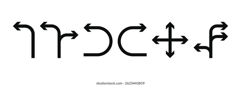 Set of black vector arrows. Arrows icon. Arrow vector icon. Arrows vector collection. Flat style Arrows in different directions isolated on white background. Bended arrow, turning, zig zag. Eps 10.