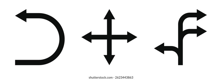 Set of black vector arrows. Arrows icon. Arrow vector icon. Arrows vector collection. Flat style Arrows in different directions isolated on white background. Bended arrow, turning, zig zag. Eps 10.