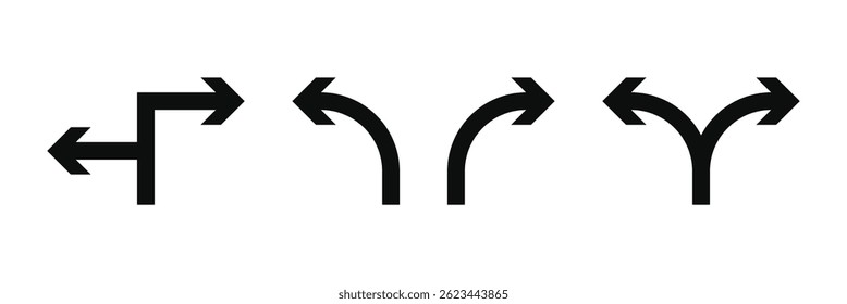 Set of black vector arrows. Arrows icon. Arrow vector icon. Arrows vector collection. Flat style Arrows in different directions isolated on white background. Bended arrow, turning, zig zag. Eps 10.