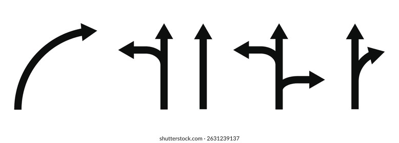 Set of black vector arrows. Arrows icon. Arrow vector icon. Arrows vector collection. Flat style Arrows in different directions isolated on white background. Bended arrow, turning, zig zag, crossroads