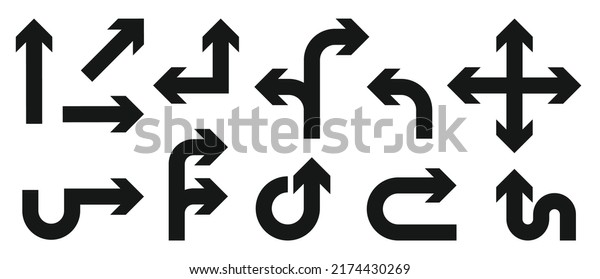 Set of black vector arrows. Arrows icon. Arrow\
vector icon. Arrows vector collection. Flat style Arrows in\
different directions isolated on white background. Bended arrow,\
turning, zig zag,\
crossroads