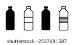 Set of black vector bottle icons. Plastic bottle icon set. Black water bottles type illustration.