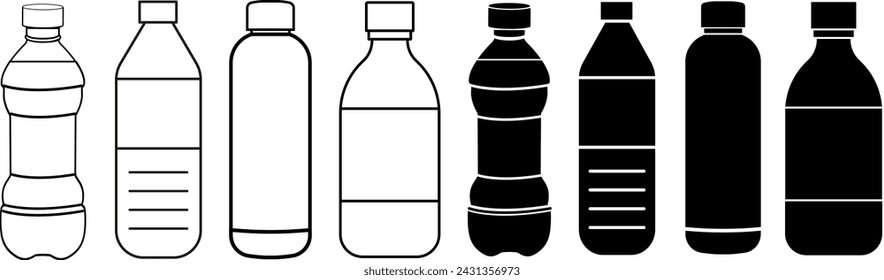Conjunto de iconos de botella de vector negro aislado sobre fondo blanco. Botella de plástico PET.