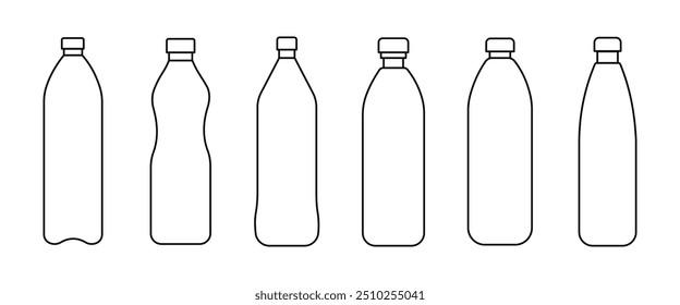 Set of black vector bottle icons, Plastic bottle icon line style set. collection for a Container water bottle sign.  PET bottle plastic isolated on white background.