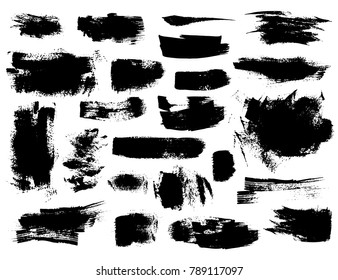 Set of black vector brush strokes on white background. Painted grunge stripes, spots and blobs