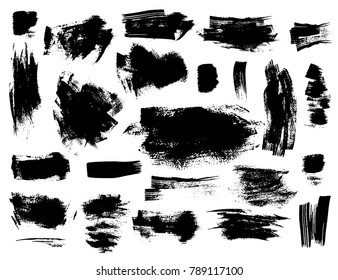 Set of black vector brush strokes on white background. Different hand drawin grunge stripes and spots.