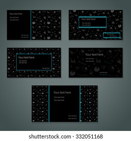 Set of black vector business cards with hand-drawn business doodles
