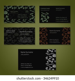 Set of black vector business cards with different hand-drawn vegetables.