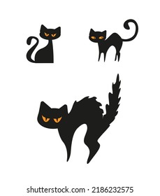 Set of black vector cats with yellow eyes on the white background