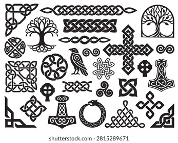 Set of black vector Celtic and Norse symbols, featuring intricate knotwork elements, tree of life, raven, Mjölnir hammers, triskelion, borders, and decorative corner designs isolated on a white background.