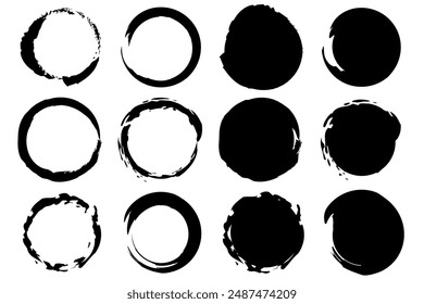 Conjunto de círculos de Vector negro. Formas circulares dibujadas a mano. Bordes rugosos Elementos abstractos. Adecuado para varios diseños.