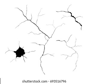 Set of black vector cracks and holes isolated on white background