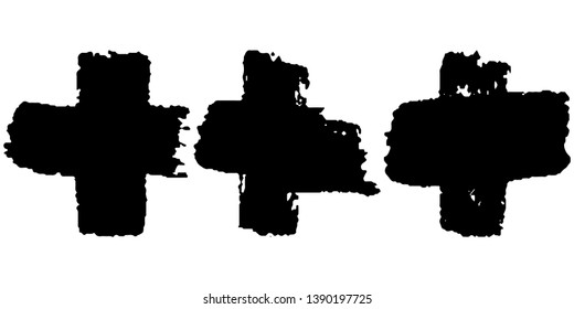 Set of black vector crosses on white background. Paint strokes with a dry brush cross. Lines in grunge style