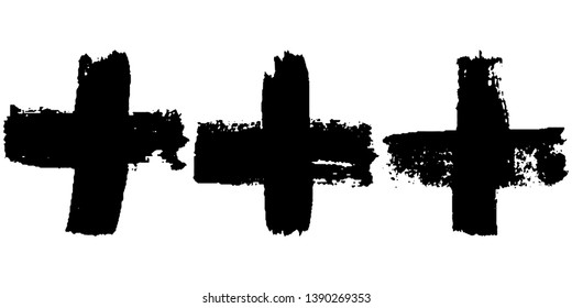 Set of black vector crosses on white background. Paint strokes with a dry brush cross. Lines in grunge style