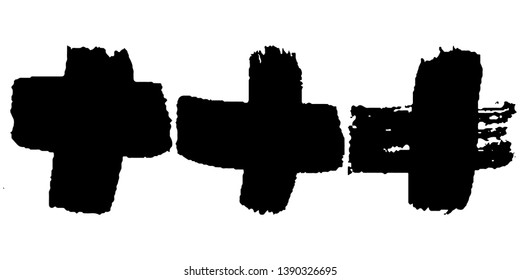 Set of black vector crosses on white background. Paint strokes with a dry brush cross. Lines in grunge style