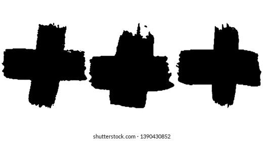 Set of black vector crosses on white background. Paint strokes with a dry brush cross. Lines in grunge style