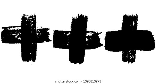Set of black vector crosses on white background. Paint strokes with a dry brush cross. Lines in grunge style