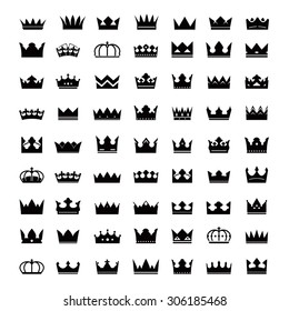 Set of black vector crown icon. Royality, luxury and heraldic insignia.