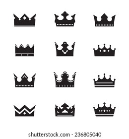 Set of black vector crown icons. Royality, luxury and heraldic outline insignia.