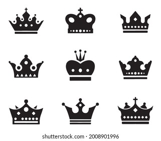 Conjunto de coronas vectoriales negras e icono sobre fondo blanco. Ilustración vectorial. Emblema y símbolos reales.