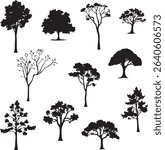 set of black vector deciduous trees silhouettes isolated on white background, side view, graphics trees elements symbol for architecture or landscape design drawing	