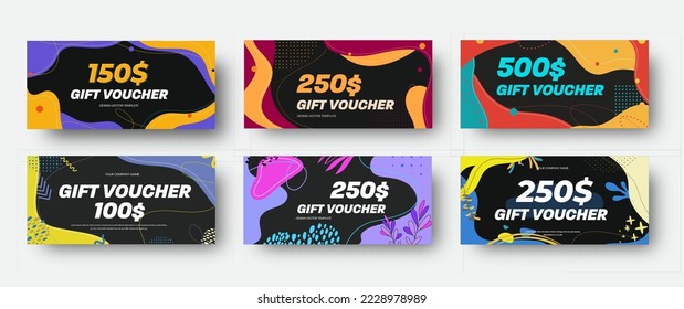 Juego de vectores negros de descuento con un diseño abstracto colorido. Plantilla para ventas y regalos.