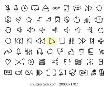 Set of black vector doodle icons, isolated against white background. Flat illustration on a theme audio and video player buttons. Line, outline, stroke