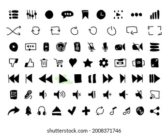 Set of black vector doodle icons, isolated against white background. Flat illustration on a theme audio and video player buttons. Fill, glyph
