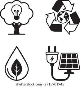 Set of black vector ecology icons featuring eco car, tree, and energy symbols for web business design illustration