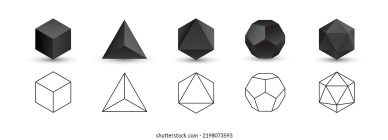 Set of black vector editable 3D platonic solids isolated on white background. Mathematical geometric figures such as cube, tetrahedron, octahedron, dodecahedron, icosahedron. Icon, logo, button