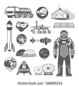 Set of black vector elements on the theme of astronomy, space exploration, colonization of Mars, moon, Europa and Titan. Space adventure. The first colonies. Terraforming.