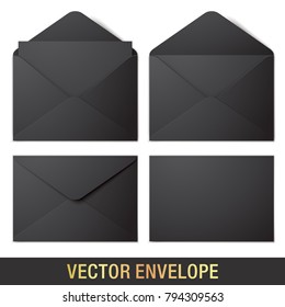 Set of black vector envelopes in different views, isolated on a white background. Realistic vector envelope mockups.