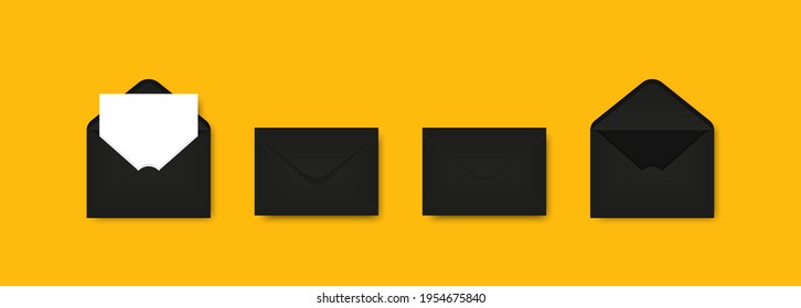 Set of black vector envelopes with shadow in different forms isolated on yellow background. Realistic black mockup envelope for letter or invitation card. Folded and unfolded envelope mockup set.