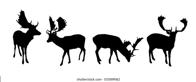 Set of black vector fallow deer silhouettes isolated on white background