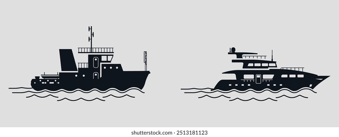 Set of black vector fishing boats floating on the waves. Vector on a gray background