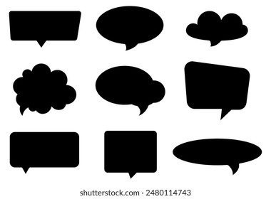 Set of black vector flat speech bubbles. Banners, price tags, stickers, posters, badges. Isolated on white background.