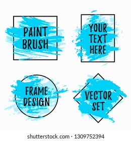 Set of black vector frames with blue paint brush strokes isolated on white background. Modern design elements for sale banners, flyers, advertisement or text boxes. 
