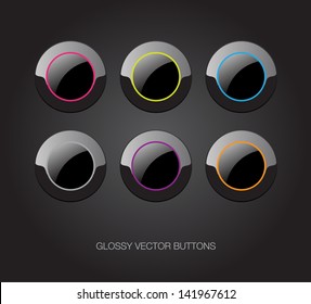 A set of black vector glossy plastic buttons with colorful details