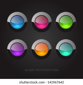 A set of black vector glossy plastic buttons with colorful glass centers
