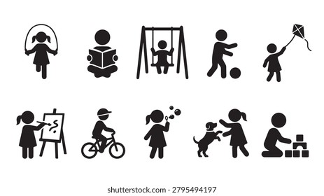 Set of black vector graphic icons depicting diverse children engaging in playful activities like jumping rope reading books swinging playing soccer flying a kite painting on canvas riding a bicycle blowing bubbles playing with a pet dog and building blocks on a clean and simple white isolated background