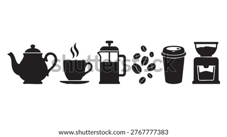 A set of black vector graphic icons depicting various coffee and tea items including a teapot, steaming coffee cup, French press, scattered coffee beans, a takeout cup, and a coffee grinder.