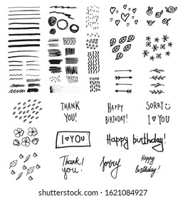 Set of black vector greeting texts - Happy birthday, Thank you, I love you, Sorry. Design elements for patterns: brush strokes, scribbles, leaves, flowers, hearts, arrows. White isolated background.