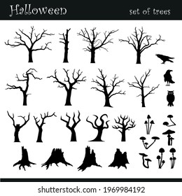 A set of black vector Halloween silhouettes with trees to use as design elements.